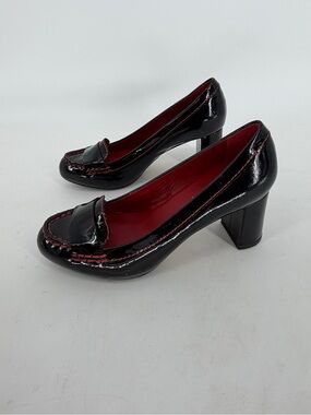 Cole Haan Patent Leather Red and Black Penny Loafer Block Heel Pump Size 7.5